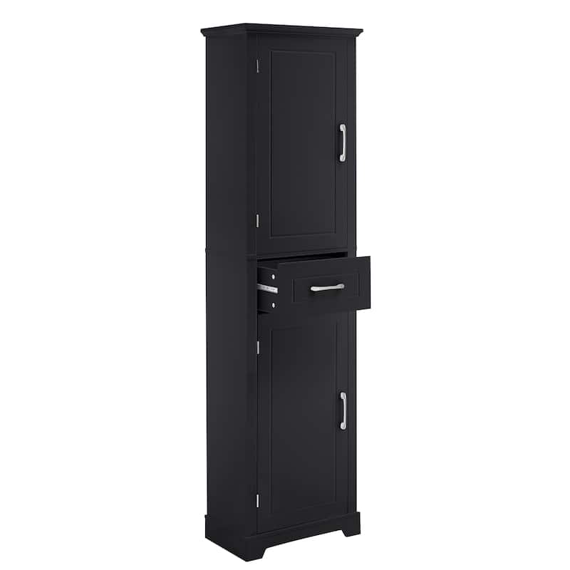Roomfitters 63" Tall Bathroom Storage Cabinet, Freestanding Linen Tower with Door-Mounted Shelves and Drawer, Black