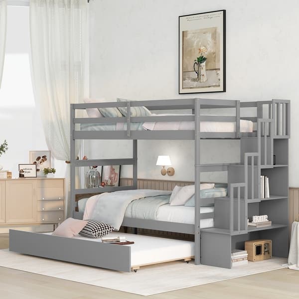 slide 2 of 17, Solid wood Twin over Twin Size Bunk Beds with Stairway and Storage Function, Multifunctional Pine Wood bed Frame with Trundle Grey