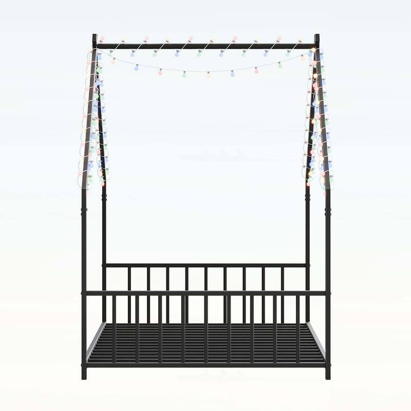 Platform Bed with LED light strips,roof-shaped iron frame,and low profile design for safety and style