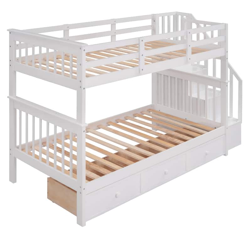 Stairway Twin-Over-Twin Bunk Bed with Three Drawers for Bedroom, Dorm