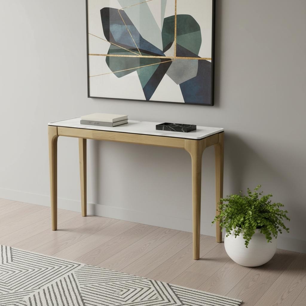 HomeRoots 47" White and Natural Faux Marble and Solid Wood Console Table - 47.20 in. x 30.00 in. x 14.60 in.