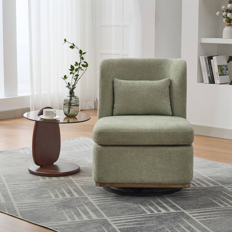 Chenille Upholstered Swivel Accent Chair, Armless Sofa Chair with Pillow, Lounge Reading Chair with Metal Base - Pale Green
