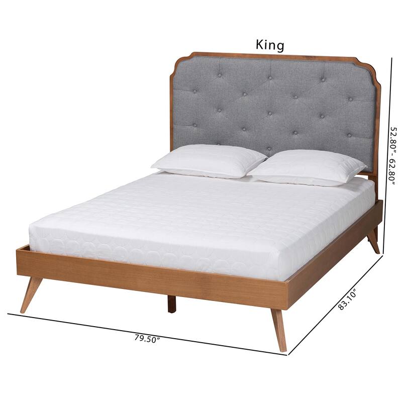 Lorana Mid-Century Modern Grey Fabric and Walnut Brown Wood Queen Size Platform Bed