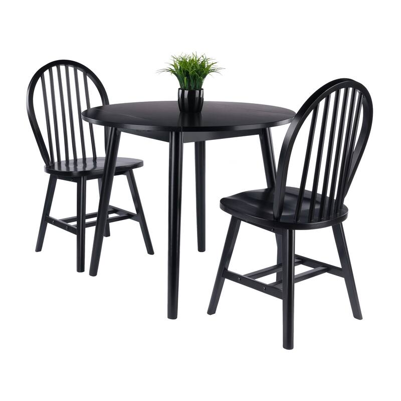 Moreno 3-Pc Drop Leaf Dining Table with Windsor Chairs, Black