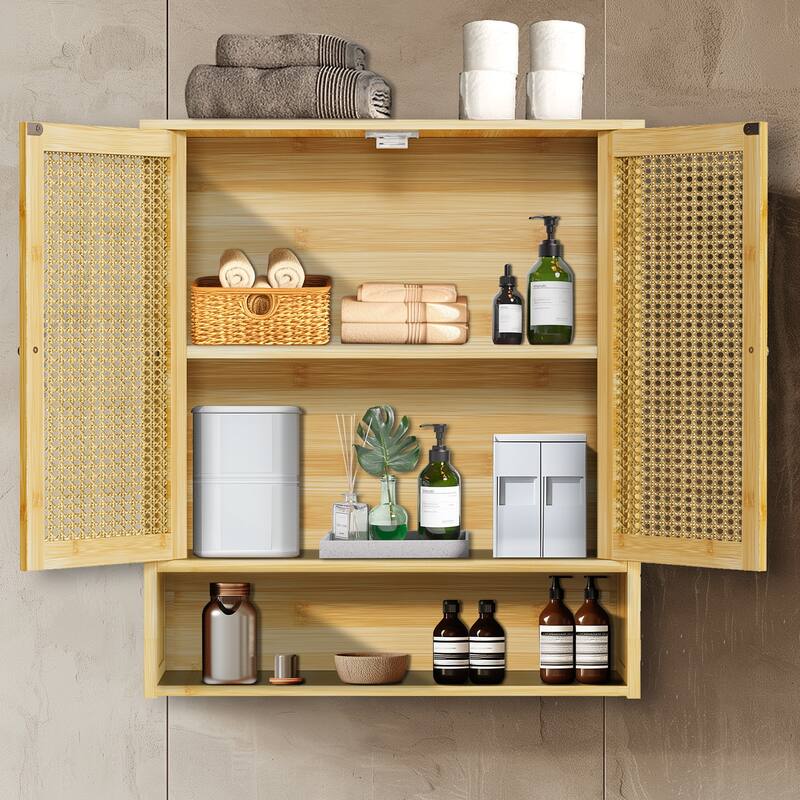 Bamboo Wall Mounted Cabinet Hanging Storage Cabinet with 3 Shelves