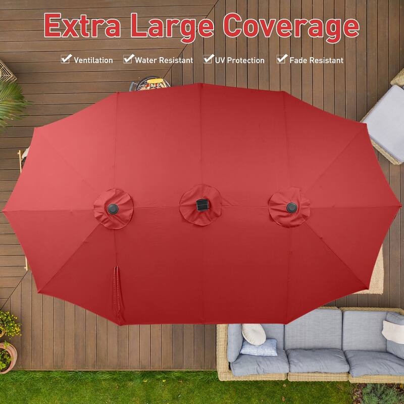 15ft Patio Umbrella Outdoor Market Umbrella with Base and LED Lights