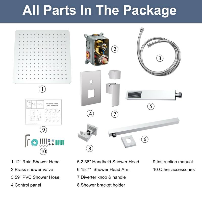 12" Ceiling Mounted Square Shower Systems with Head Shower & Hand Shower Combo Set - 12 inch