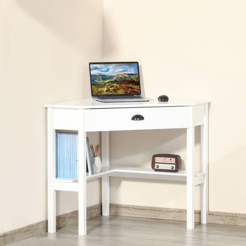 Triangle-Shaped Corner Desk with Drawer and Shelves ,Small Space Computer Desk for Living Room or Bedroom