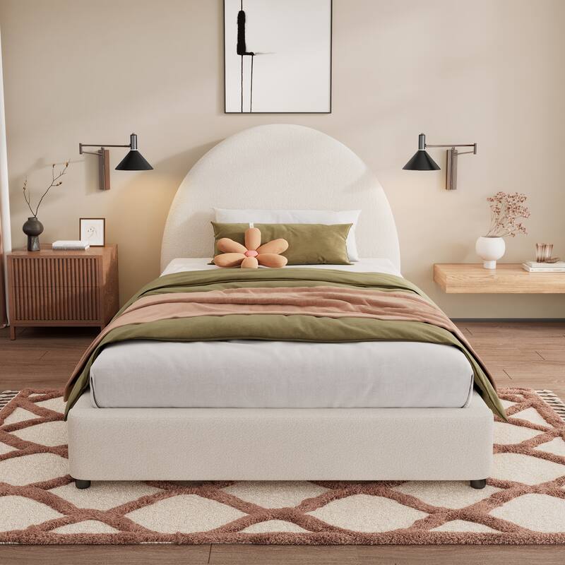 King/Queen/Twin Size Bed Frame with Boucle Upholstered Round Headboard
