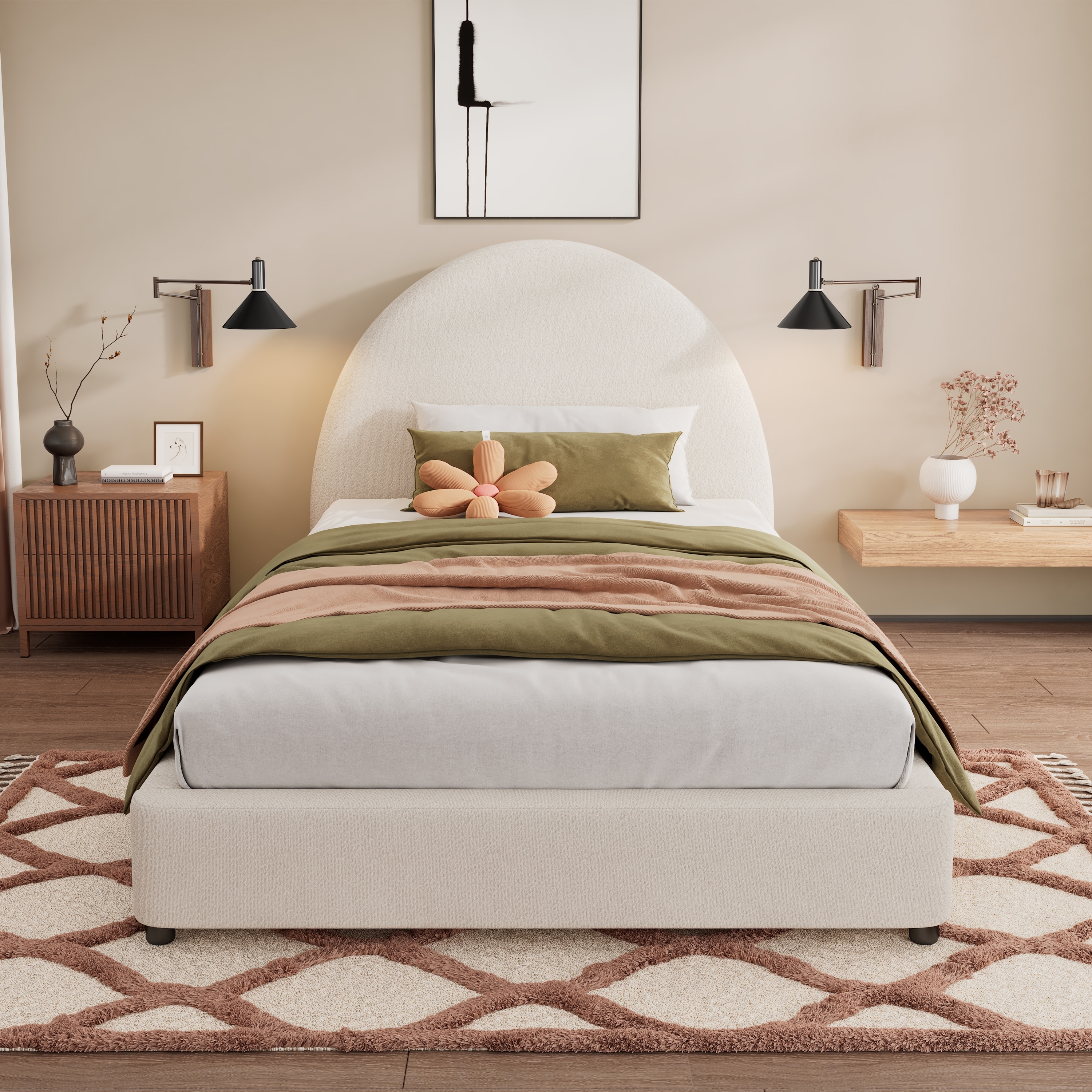 Luxury Boucle Upholstered Platform Bed with Round Curved Headboard, No Box Spring Needed