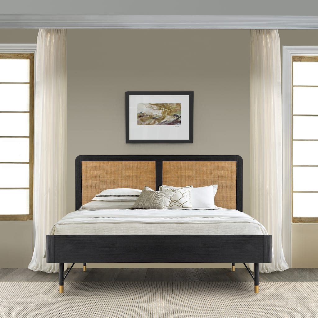 Saratoga Mid-Century Black Acacia Wood and Rattan Platform Bed