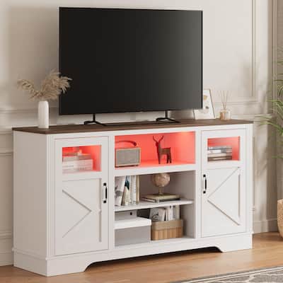 58'' Farmhouse TV Stand with LED Lights, Entertainment Center for TVs up to 70 Inch - 58.3x16x34.6in