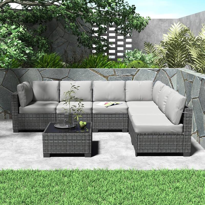 7-Piece Patio Conversation Sofa Set with Cushions and Glass Top Coffee Table
