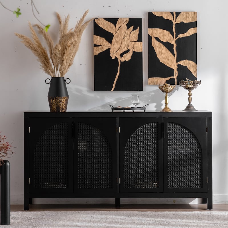 Modern Sideboard Buffet Cabinet with Faux Rattan Doors, Freestanding Wooden Storage Cabinet for Living Room, Entryway & Kitchen
