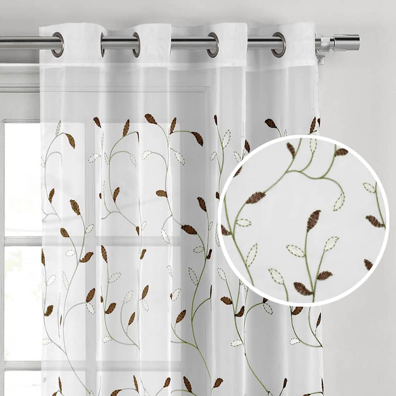 Wavy Leaves Embroidered Sheer Extra Wide Window Curtain (Single Panel)