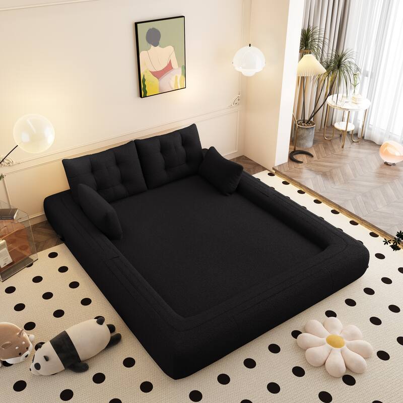 78.7" Foldable Sofa Bed, Teddy Fabric Convertible Floor Sofa Couch with Pillow, Upholstered Loveseat Sleeper Bed for Living Room