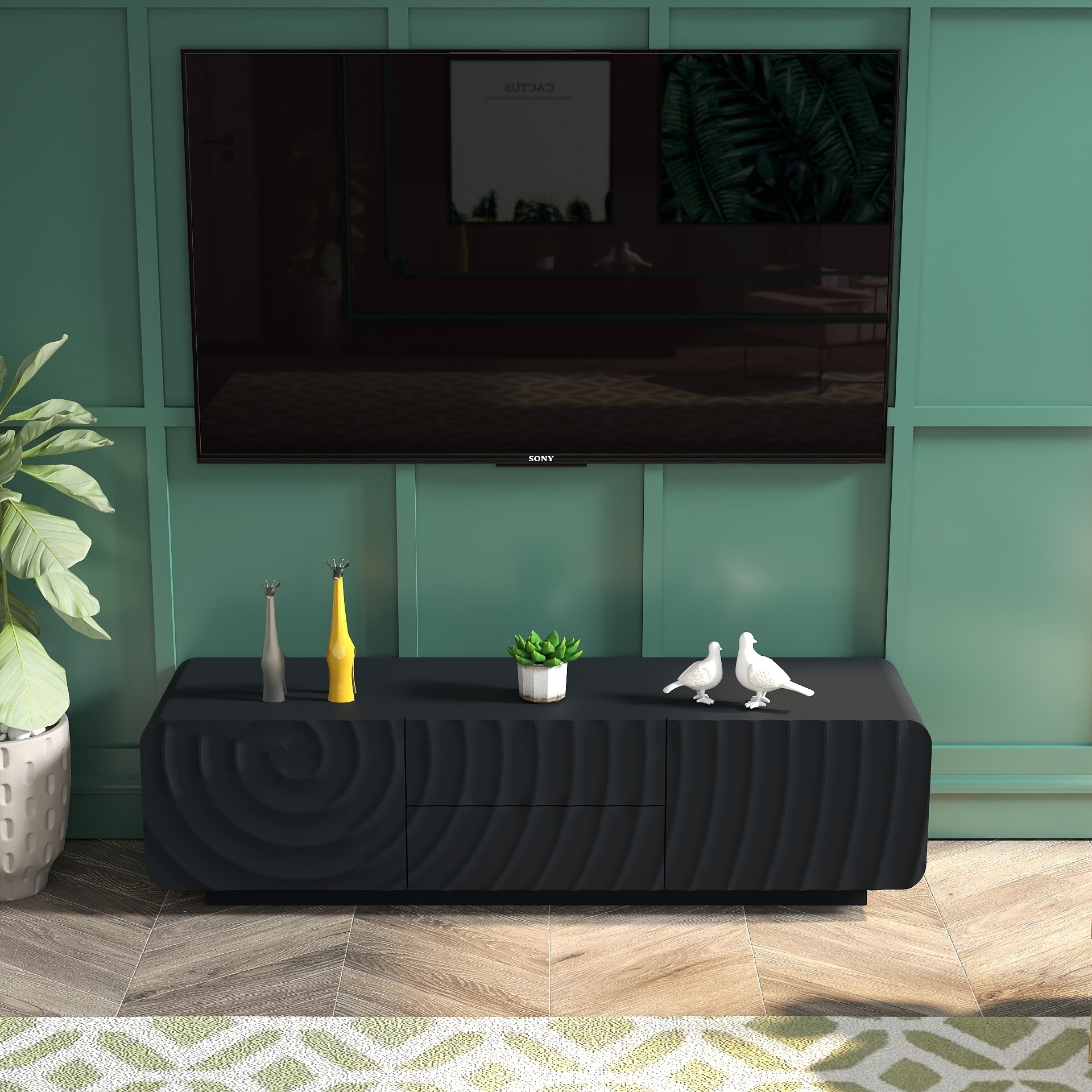 58" TV Console, Modern Spiral Wave Design TV Stand with Storage Cabinet and 2 Drawers