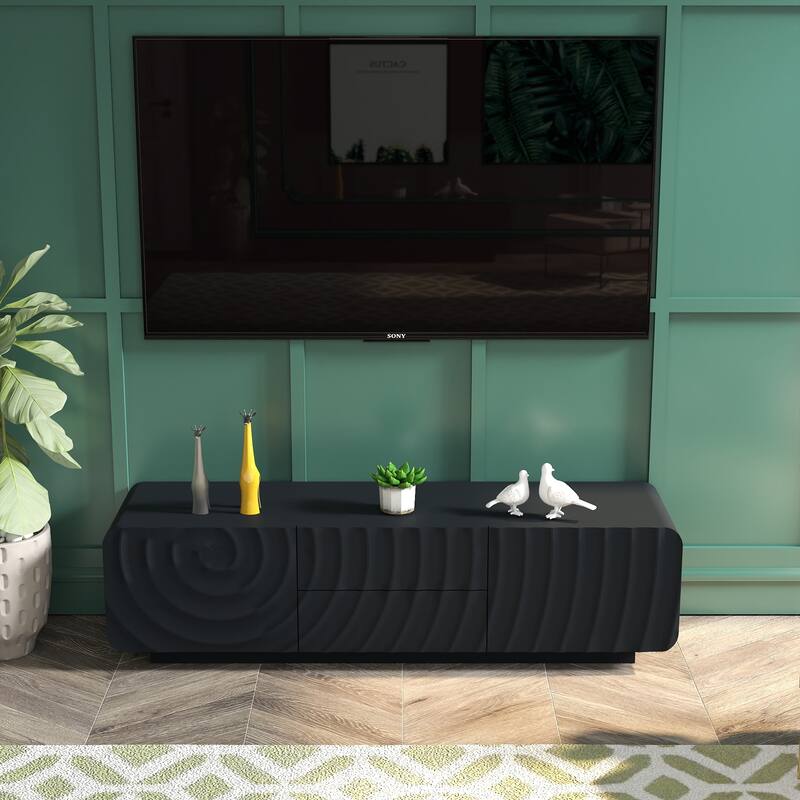 Rossetta Modern Unique Spiral Wave Smooth Rounded Corner Design TV Console Cabinet with Drawers, up to 58'' - Black
