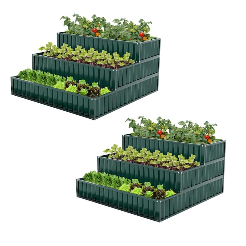 Costway 1/2 PCS 3-Tier Raised Garden Bed,47" x 47" x 24" Metal Outdoor - 2 PCS-Green - 2 pcs