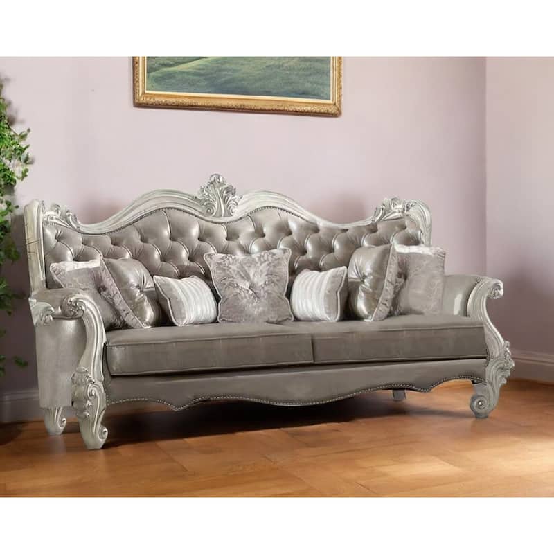 HomeRoots 90" Gray Faux Leather Curved Sofa And Toss Pillows With Bone Legs - 90