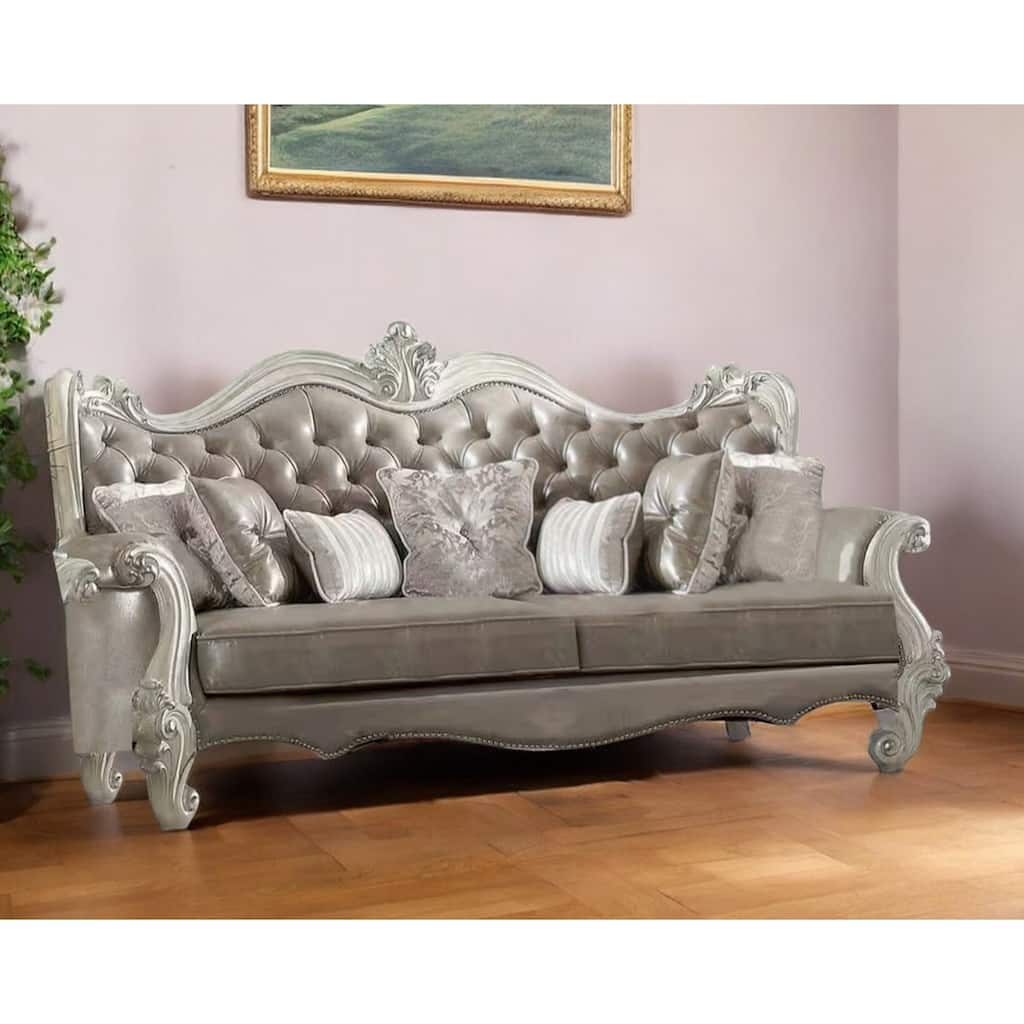 HomeRoots 90" Gray Faux Leather Curved Sofa And Toss Pillows With Bone Legs - 90