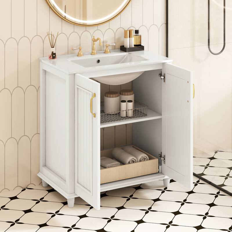 30 Inch Bathroom Vanity with Ceramic Sink,Freestanding Bathroom Vanity Set with Hidden Drawer,Storage Cabinet,Solid Wood Frame