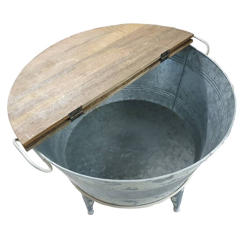 Distressed Wood and Metal Storage Coffee Table with Hinged Lift Top, Brown and Gray - 19.75 H x 26 W x 26 L Inches