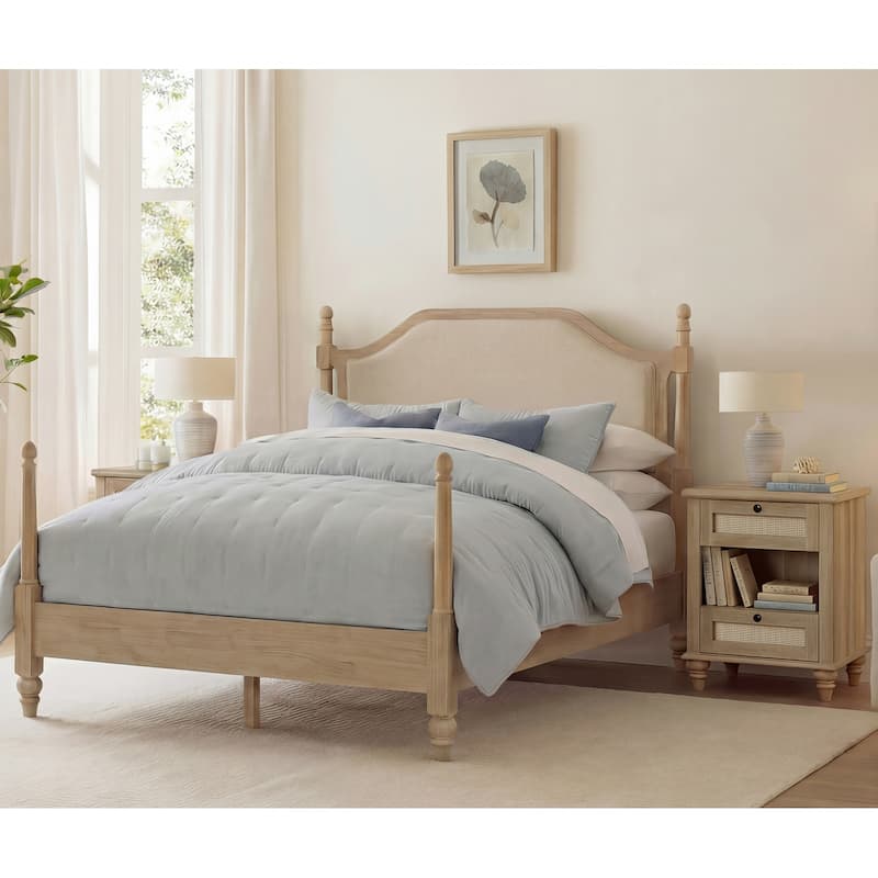 3 Piece Bedroom Set, Queen Size Bed Frame & Set of 2 Nightstands, Oak