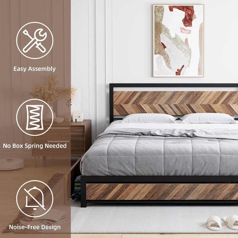Metal Platform Bed Frame with Rustic Vintage Wood Headboard