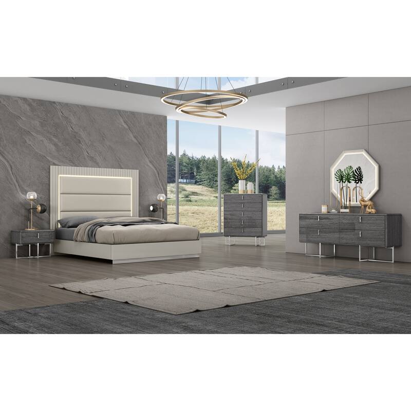 King Size Bed Grey Upholstered Headboard with Light, Stainless Steel Frame, Modern Bedroom Furniture