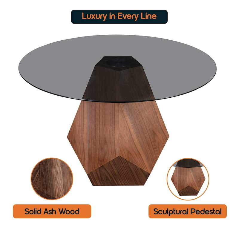 Nebo Round 47" Tempered Glass or Sintered Stone Top Dining Table with Geometric Design Ashwood Pedestal Base Kitchen Table