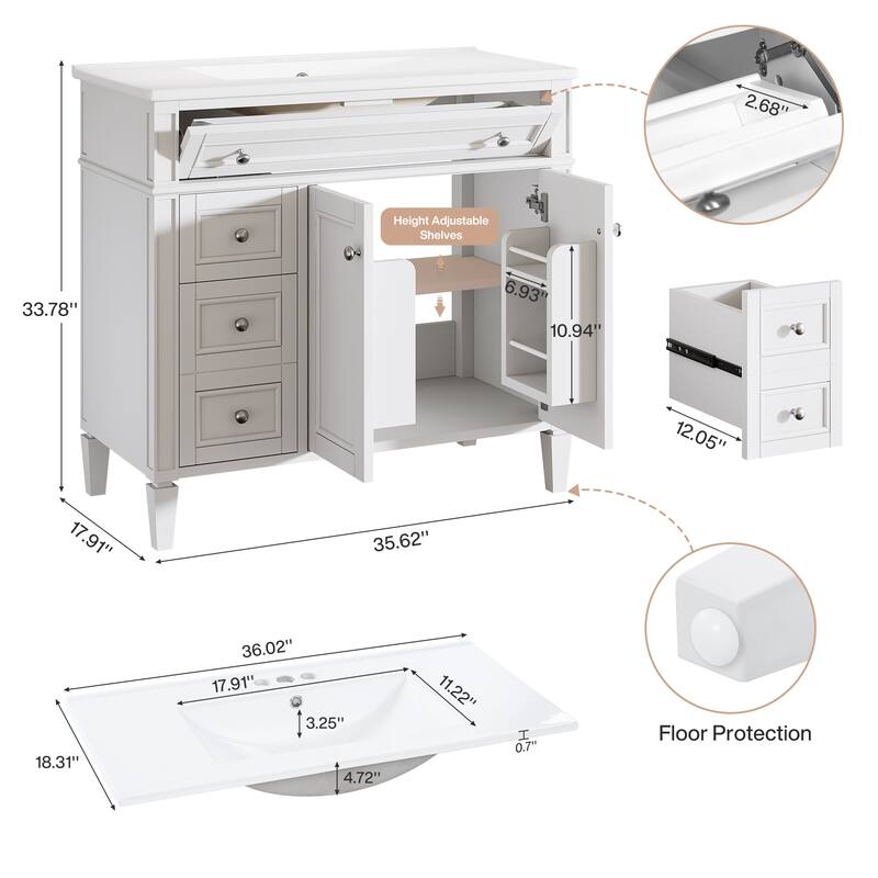 White Modern Wooden Bathroom Vanity with Basin, Floor Storage Cupboard