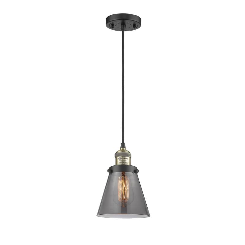 Innovations Lighting Franklin Restoration Cone - 1 Light 6" Cord Hung Mini Pendant - Black Antique Brass/Light Smoke