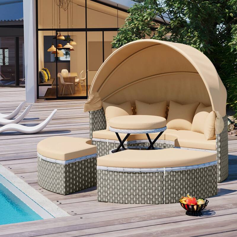 Round Outdoor Rattan Sectional Sofa with Adjustable Canopy & Cushions, PE Wicker Daybed with Coffee Table & Ottoman