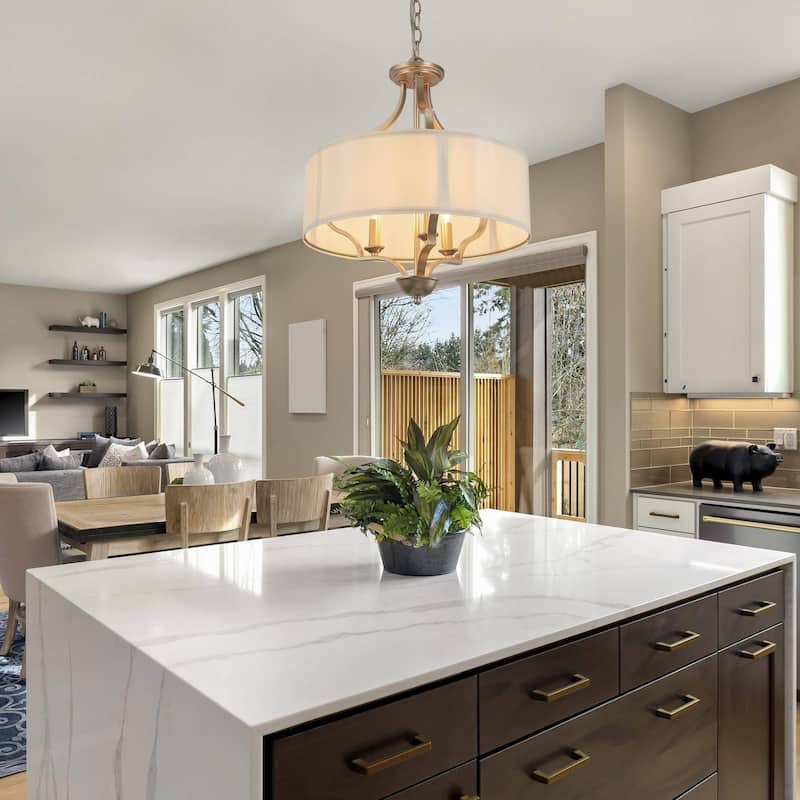 Mid-Century Modern 3-Light Drum Chandelier Fabric Lights for Dining Room - Deep Gold - 17" D x 20" H