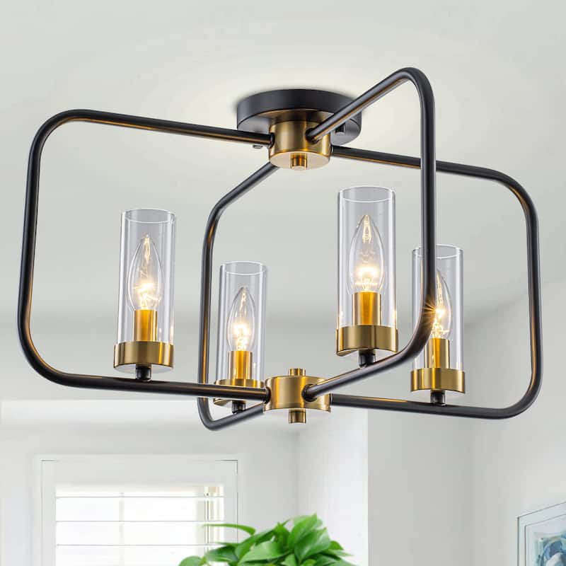4 Light Industrial Black Metal Flush Mount Ceiling Light with Glass Tube Shade - Dia.20.28-in - Dia.20.28-in