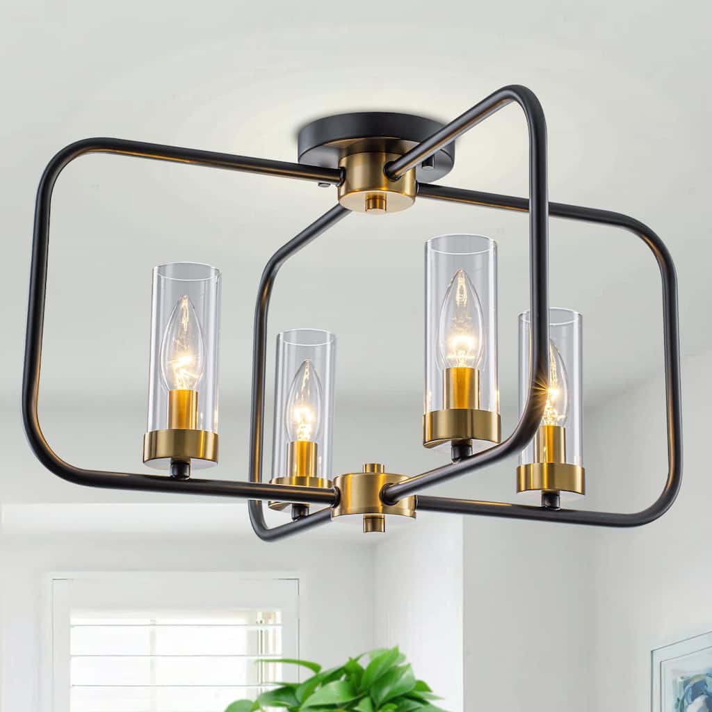 4 Light Industrial Black Metal Flush Mount Ceiling Light with Glass Tube Shade - Dia.20.28-in