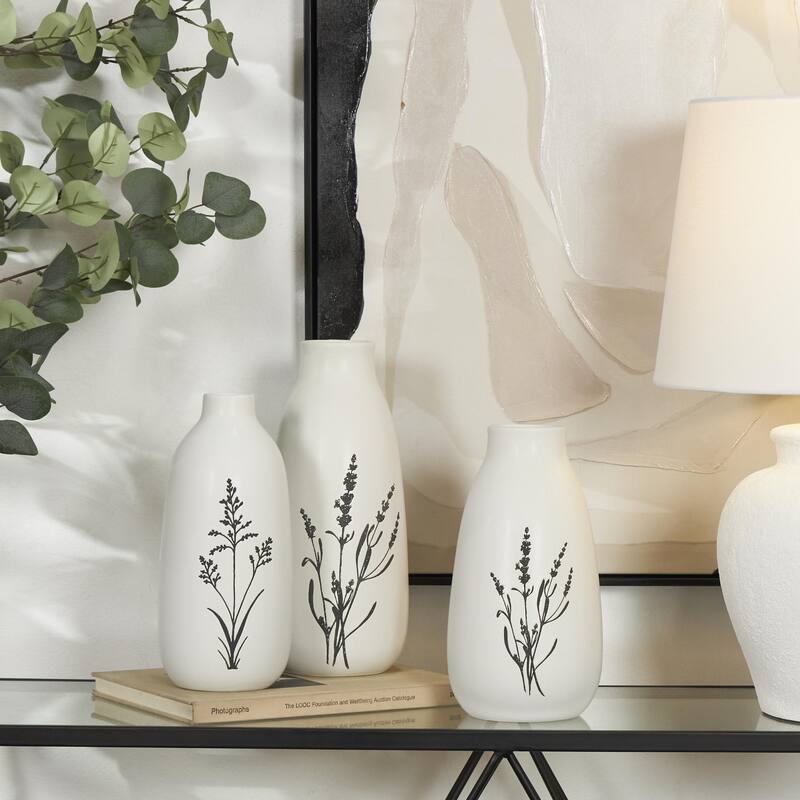 Ceramic Decorative Vase with Black Lavender Prints - Set of 3 White - Roche River Decor