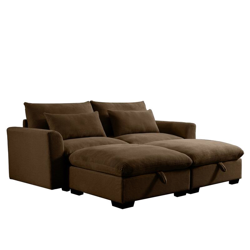 Corduroy Loveseat Sofa Couch with Storage Ottomans, Modern Sectional 2 Seater Sofa with Deep Seat, Pillows for Small Spaces