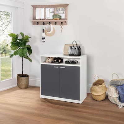 2-Door Shoe Storage Cabinet with Open Shelf, White/Grey