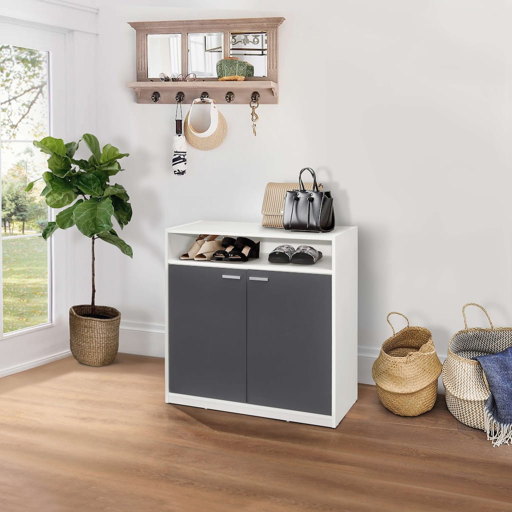 2-Door Shoe Storage Cabinet with Open Shelf, White/Grey