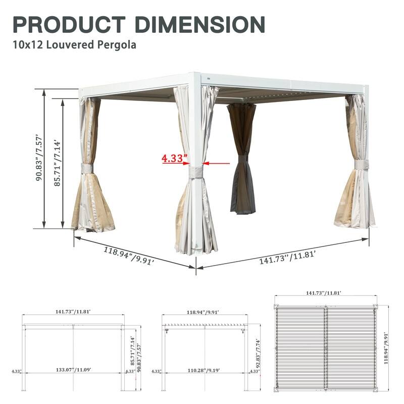 Domi Louvered Pergola 10' x 10', Aluminum Outdoor Pergola with Adjustable Louvers, Full Aluminum Frame, Built-in Gutter System - 10'×12' - White