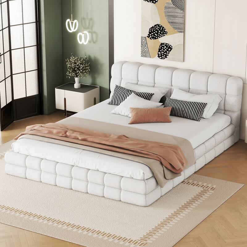 Modern Upholstered Platform Bed Frame Grounded Bed Frame with Striped Headboard/Wood Slats Support/No Box Spring/Easy Assembly