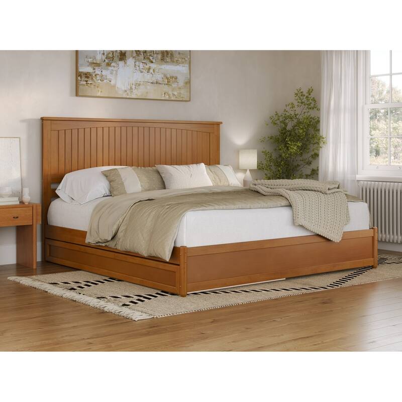 Malta Platform Bed with Panel Footboard and Twin XL Trundle - Light Toffee - King
