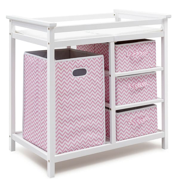 slide 2 of 10, Costway Pink Infant Baby Changing Table w/3 Basket Hamper Diaper