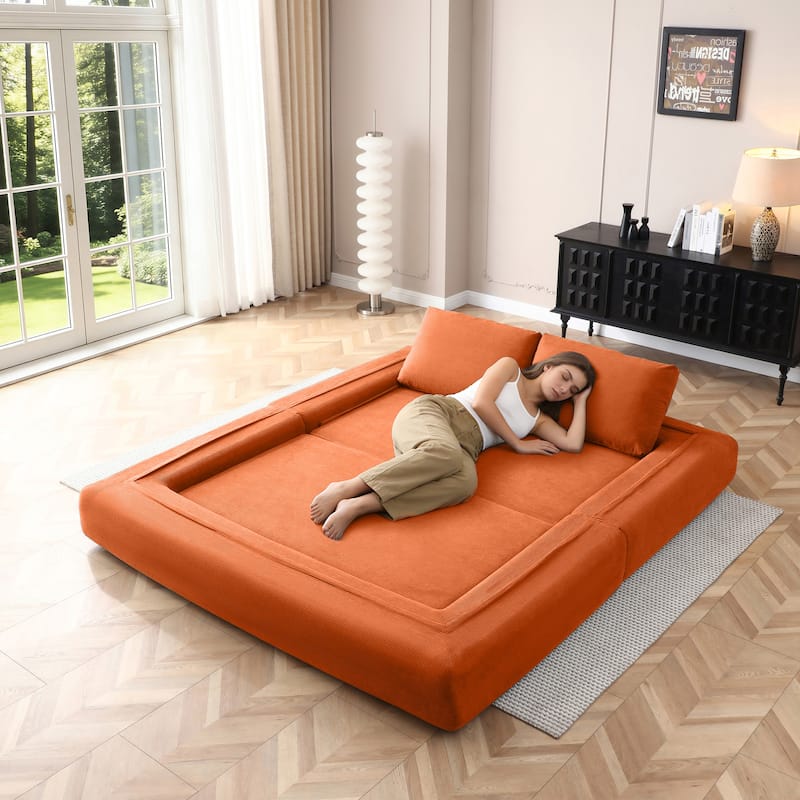 Multi-Functional Folding Sofa Bed Convertible Floor Sofa Couch Lounge Sofa Orange Sleeper Sofa Couch with Pillows