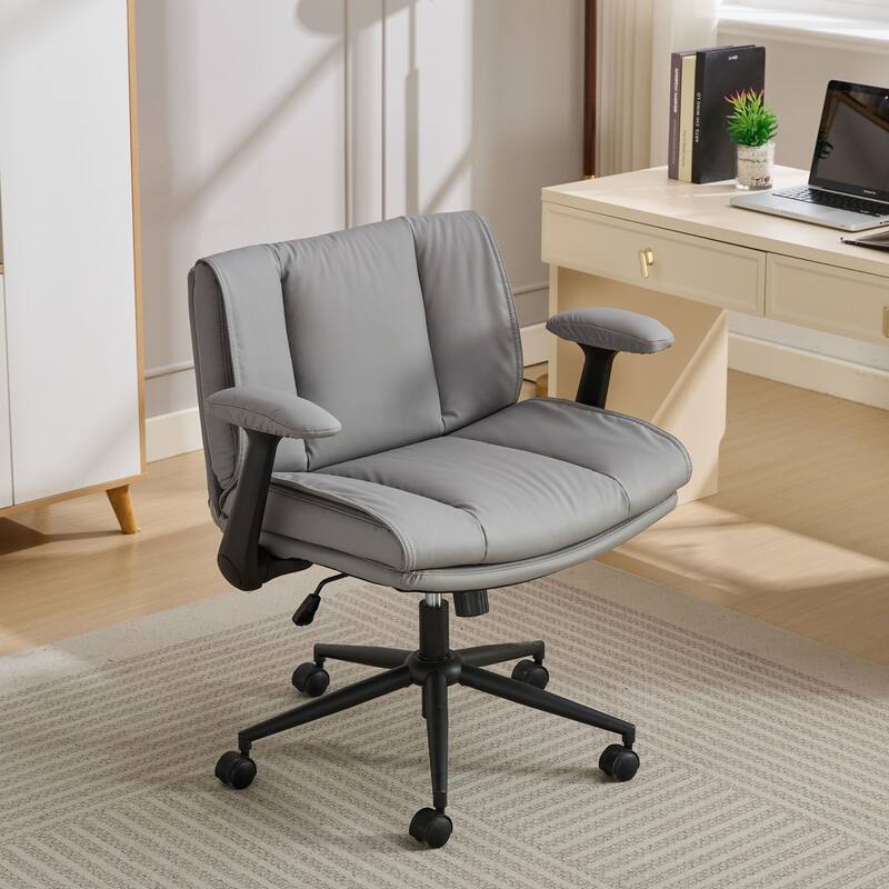 Ergonomic Swivel Chair, Leather Cross-Legged Desk Chair for Home Office - Grey