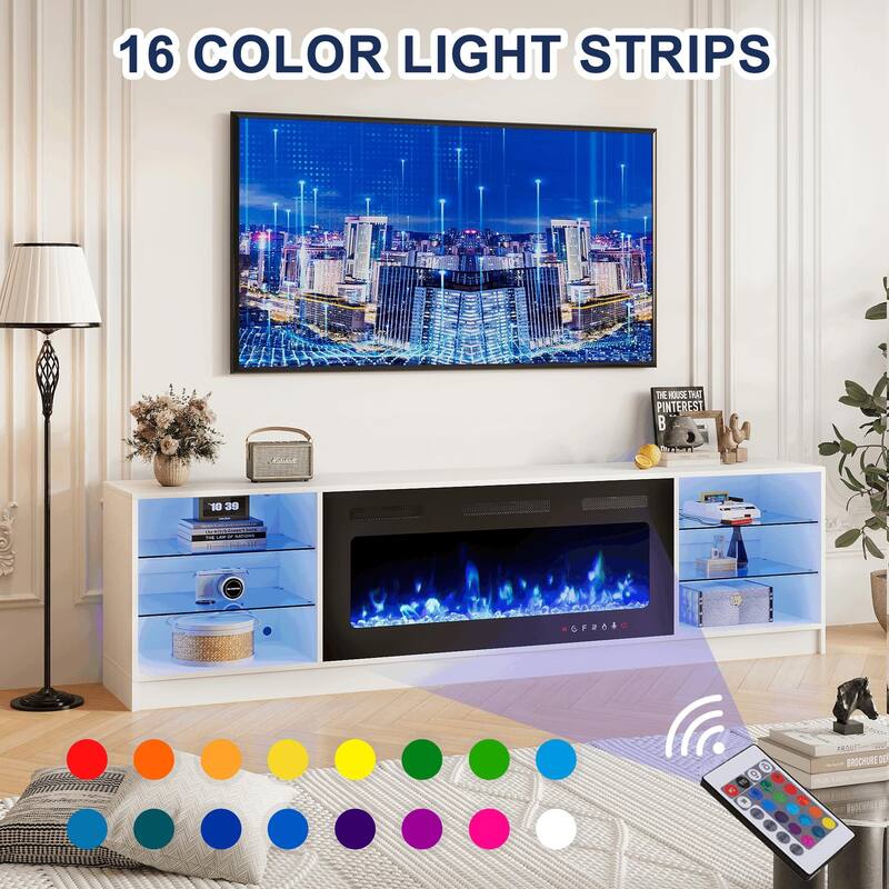 EROMMY 79" Fireplace TV Stand with 40" Electric Fireplace, Entertainment Center with Adjustable Glass Shelves