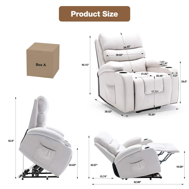 Oversized Power Lift Recliner Chair with Massage & Heat, PU Leather, USB Port, Cup Holders & Pockets