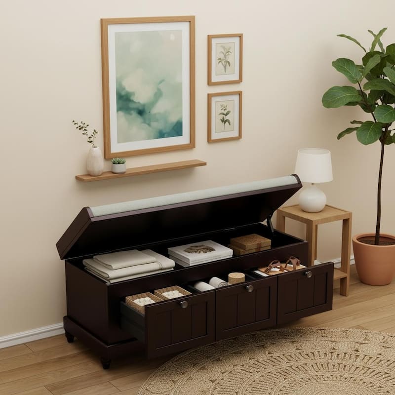 Classic Fluted Shoe Bench with Cushioned Top & Three Drawers by Harper&Bright Designs - Espresso